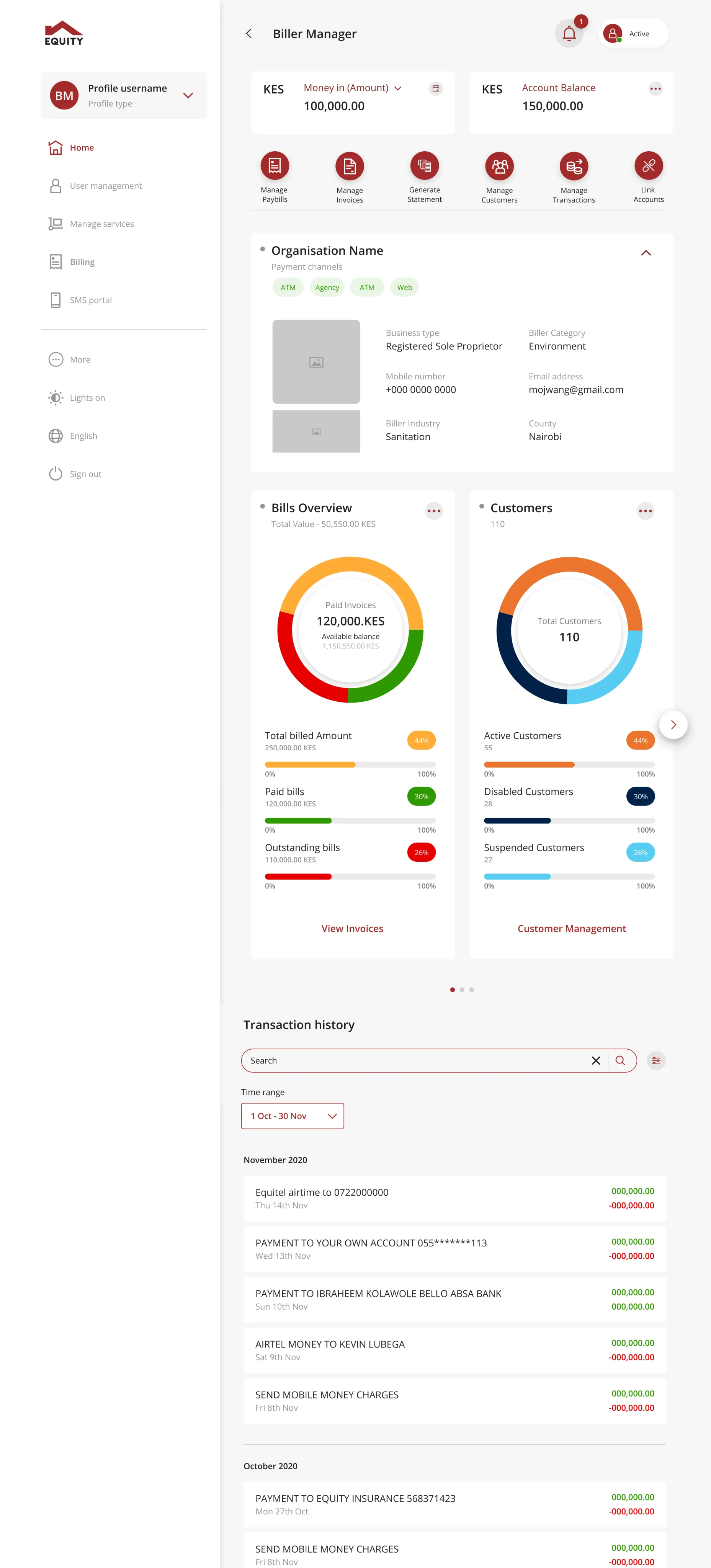 Equity Bank biller manager view with bills overview, customer totals and transaction history