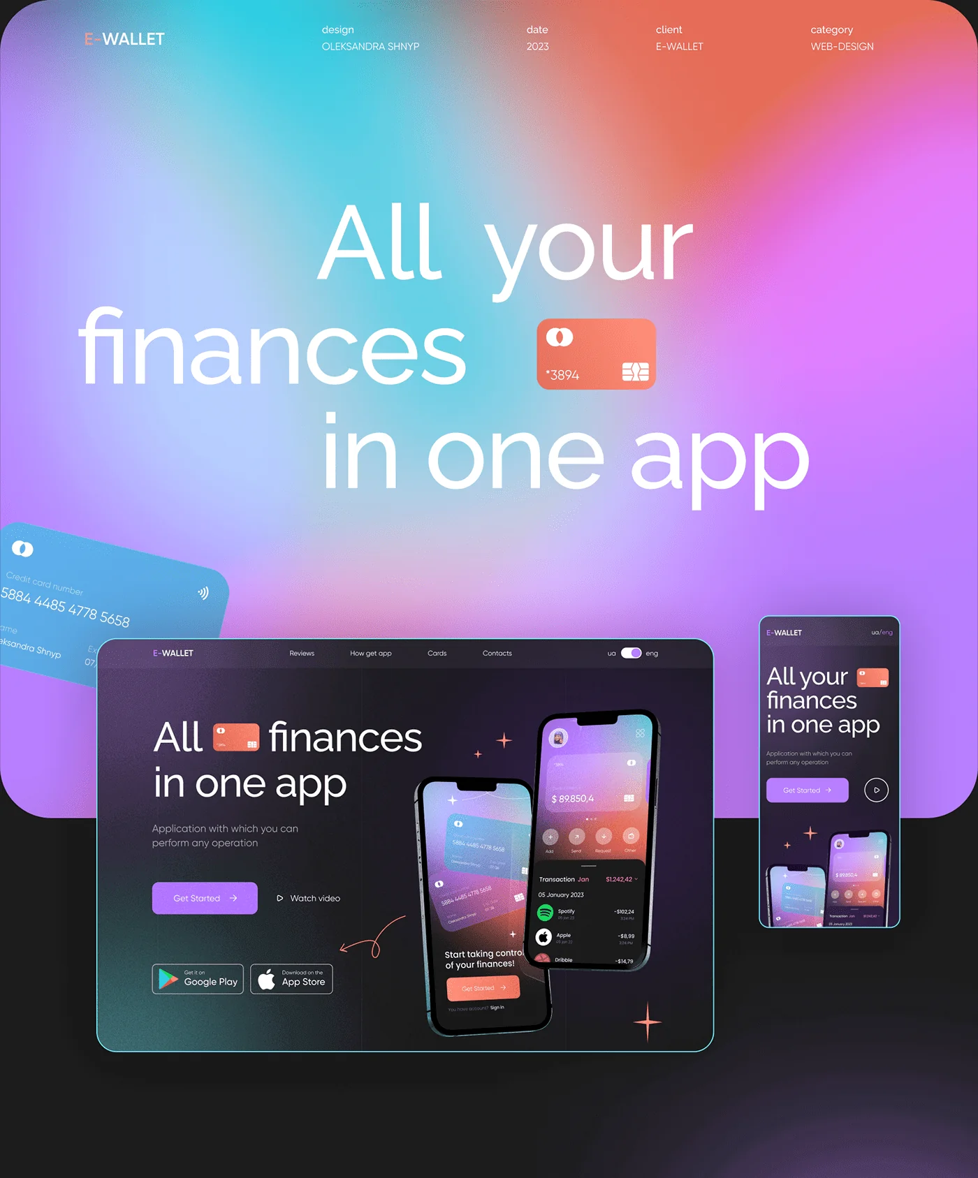 e-Wallet landing page concept — 'All your finances in one app' with mobile app mockups