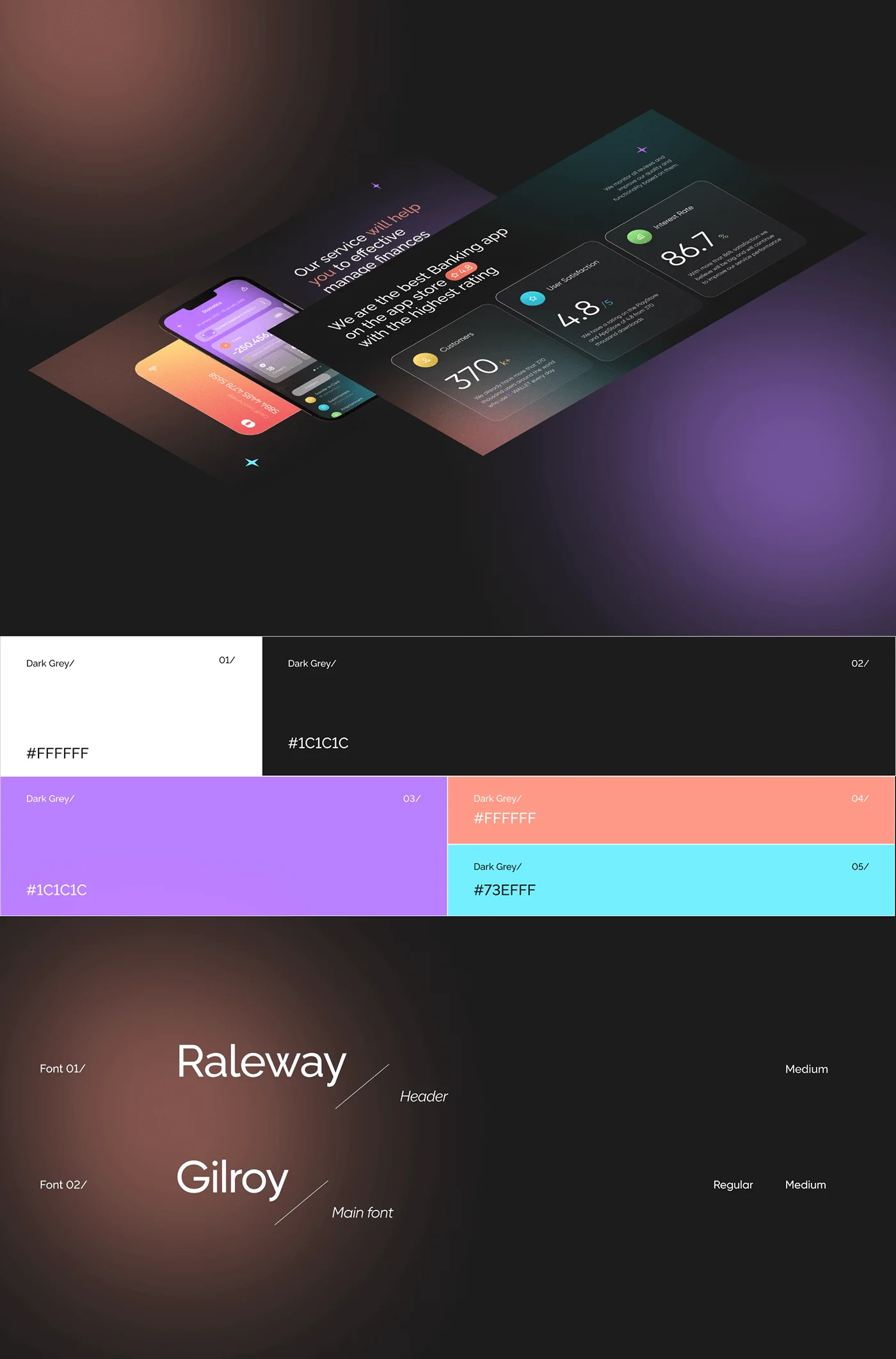e-Wallet visual identity — colour palette and Raleway and Gilroy typography choices