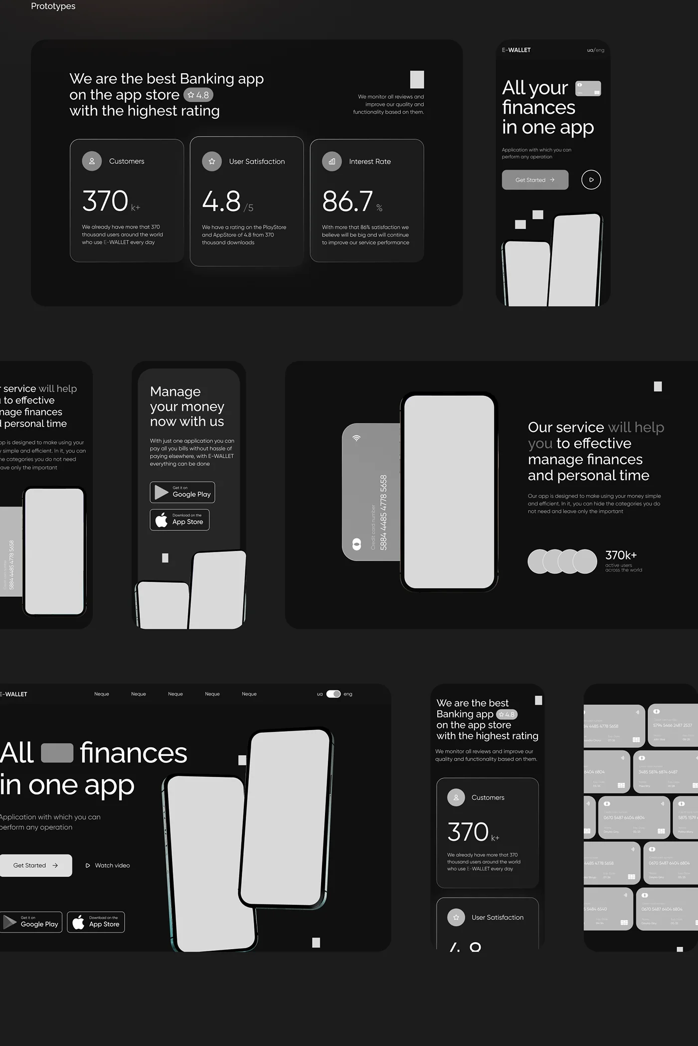 e-Wallet dark-theme prototype screens showing account metrics and app store ratings