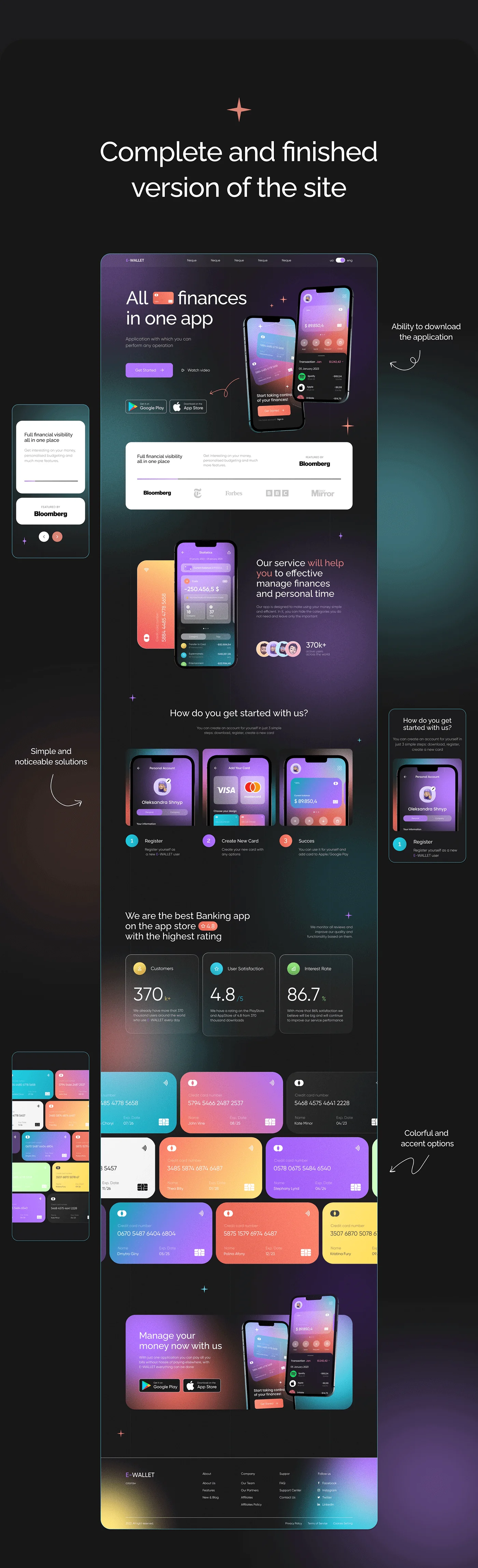 Completed e-Wallet marketing site design shown as a full-length dark themed page