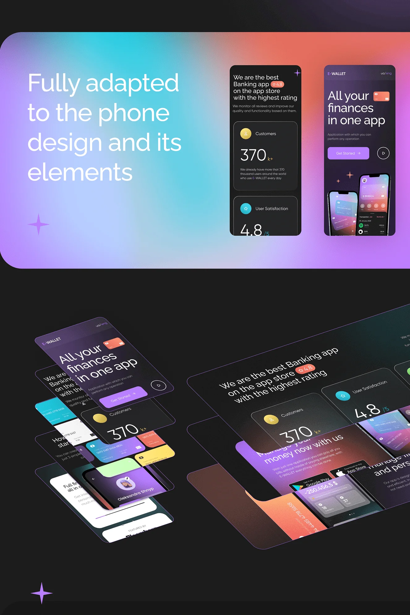 e-Wallet responsive design adapted to phone screens and interface elements