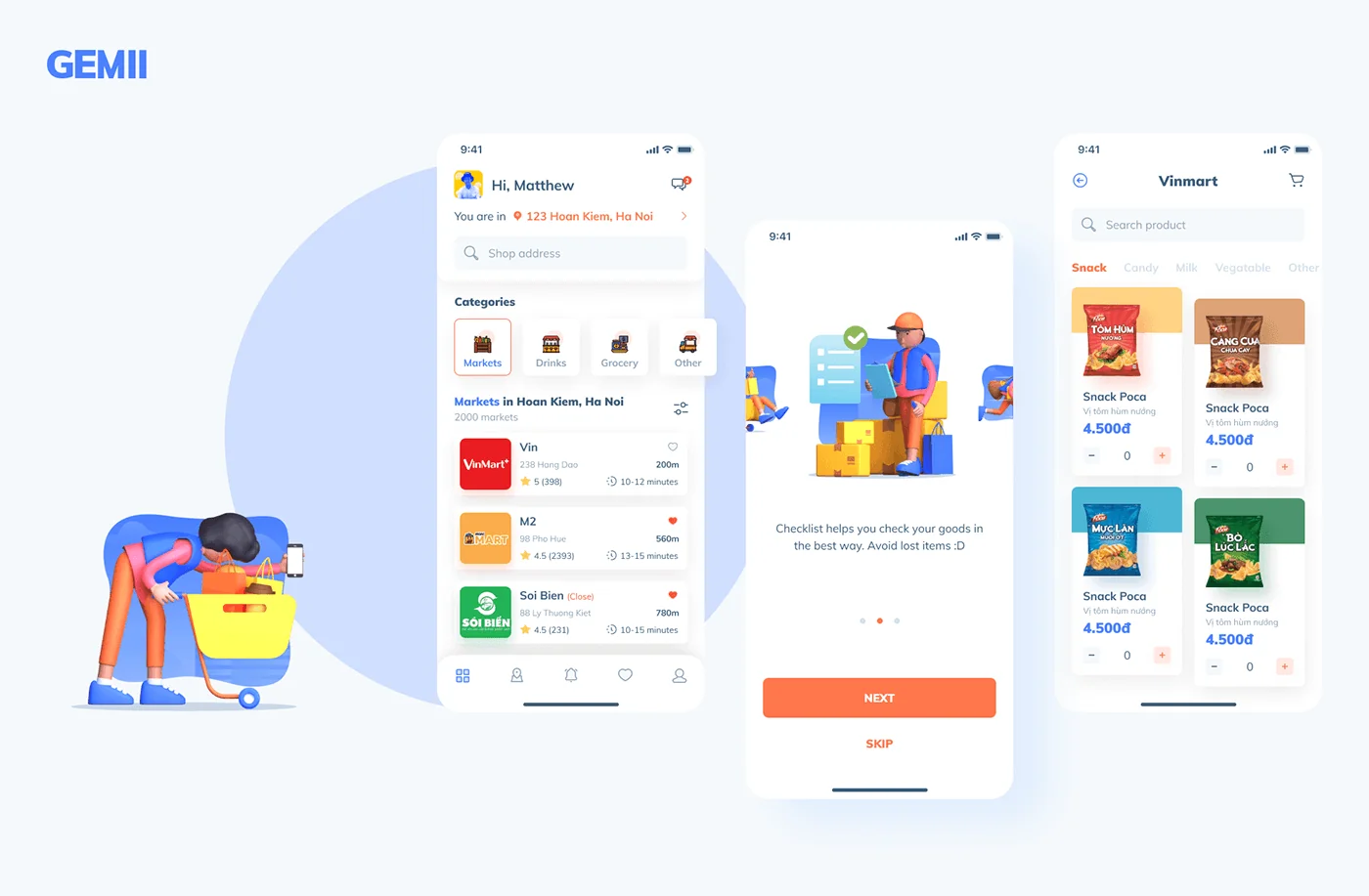 GEMII grocery delivery app screens showing the storefront and product listings