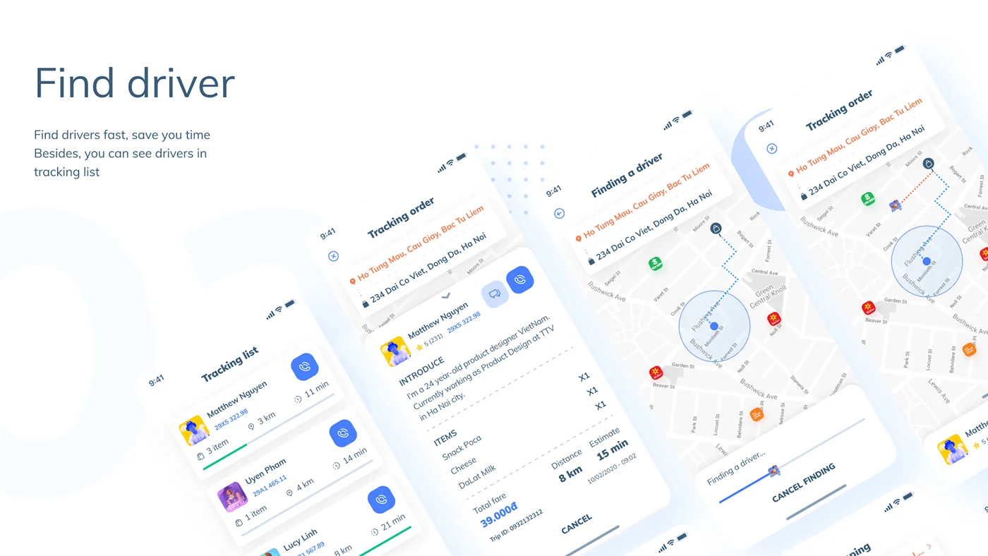 GEMII find-driver screens showing live delivery tracking on a map