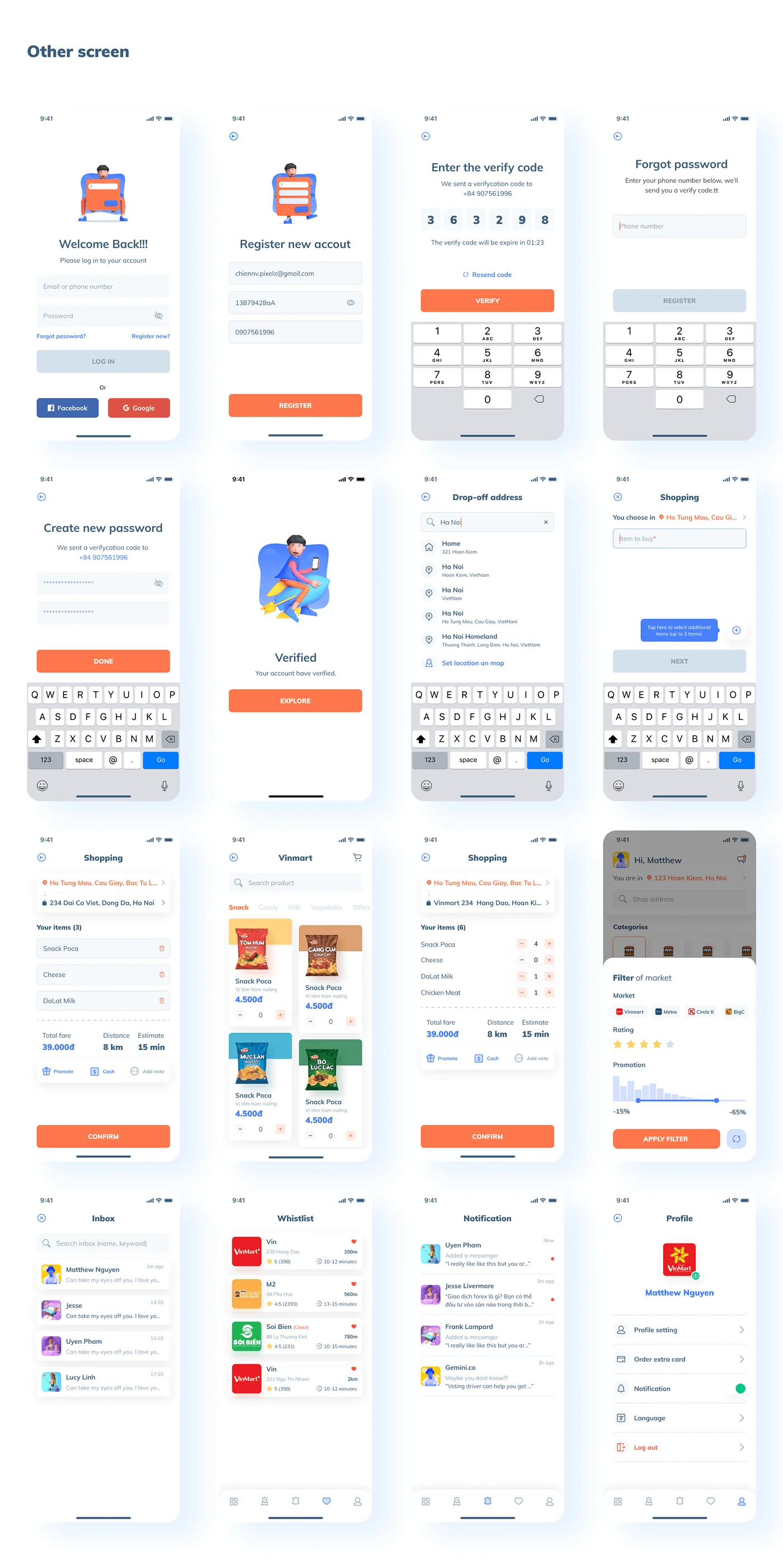 GEMII supporting screens for registration, verification, checkout, notifications and profile