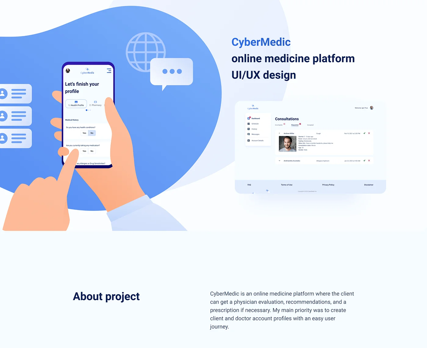 CyberMedic online medicine platform cover slide with project overview