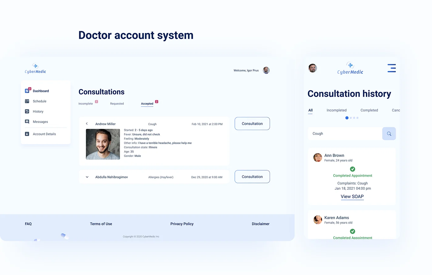 CyberMedic doctor account system with consultations list and consultation history