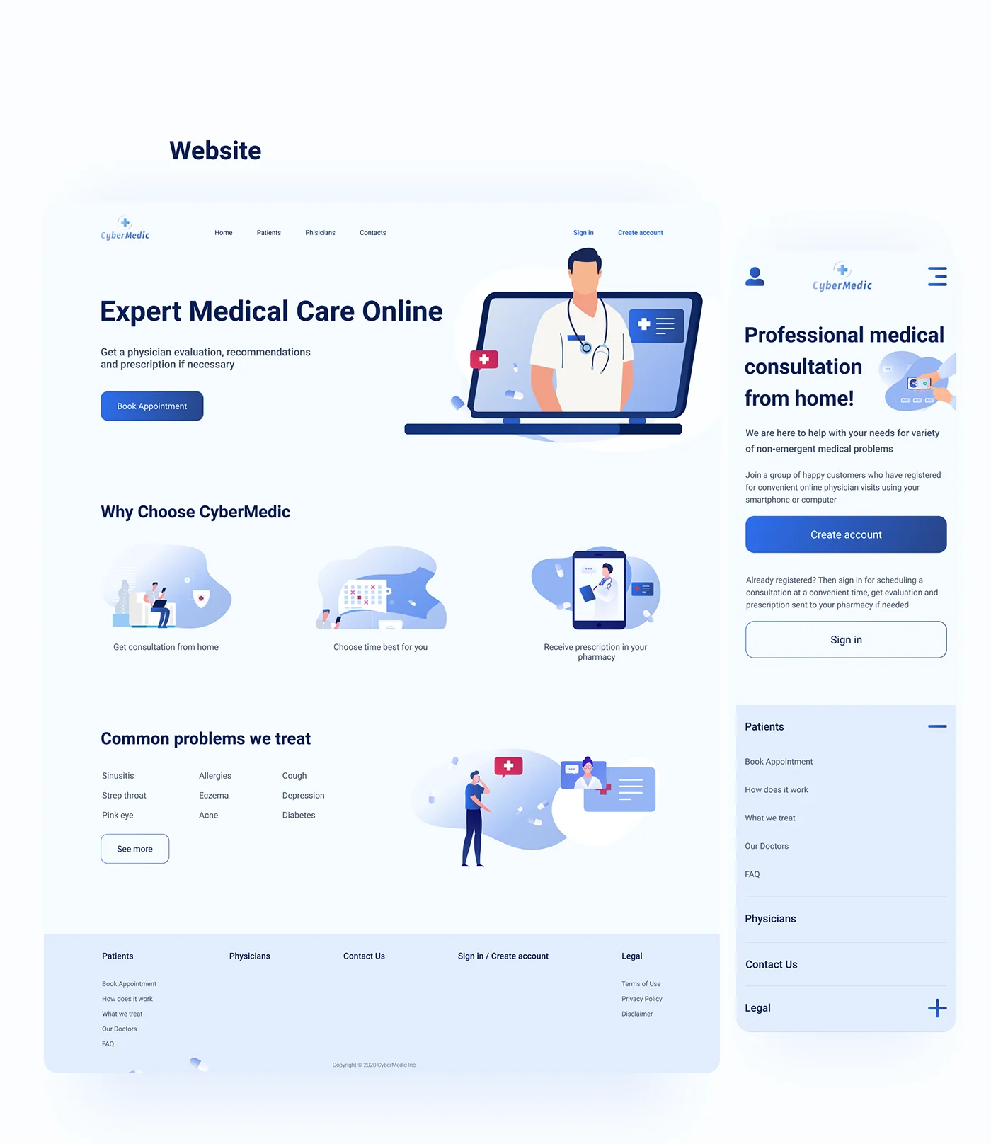CyberMedic marketing website design with 'Expert Medical Care Online' hero and treatment sections