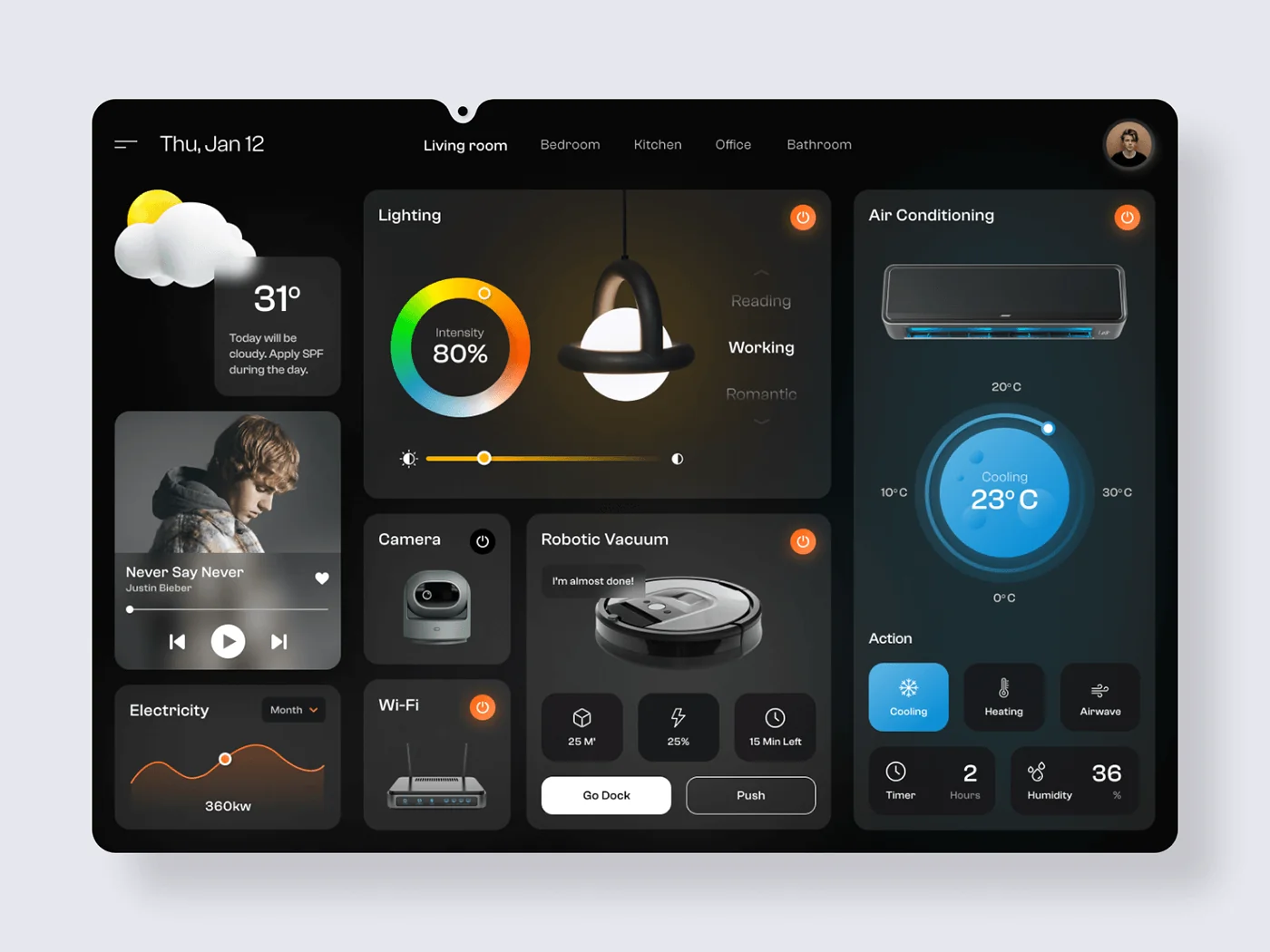 Connect Home smart home tablet dashboard with lighting, air conditioning, camera and robotic vacuum controls