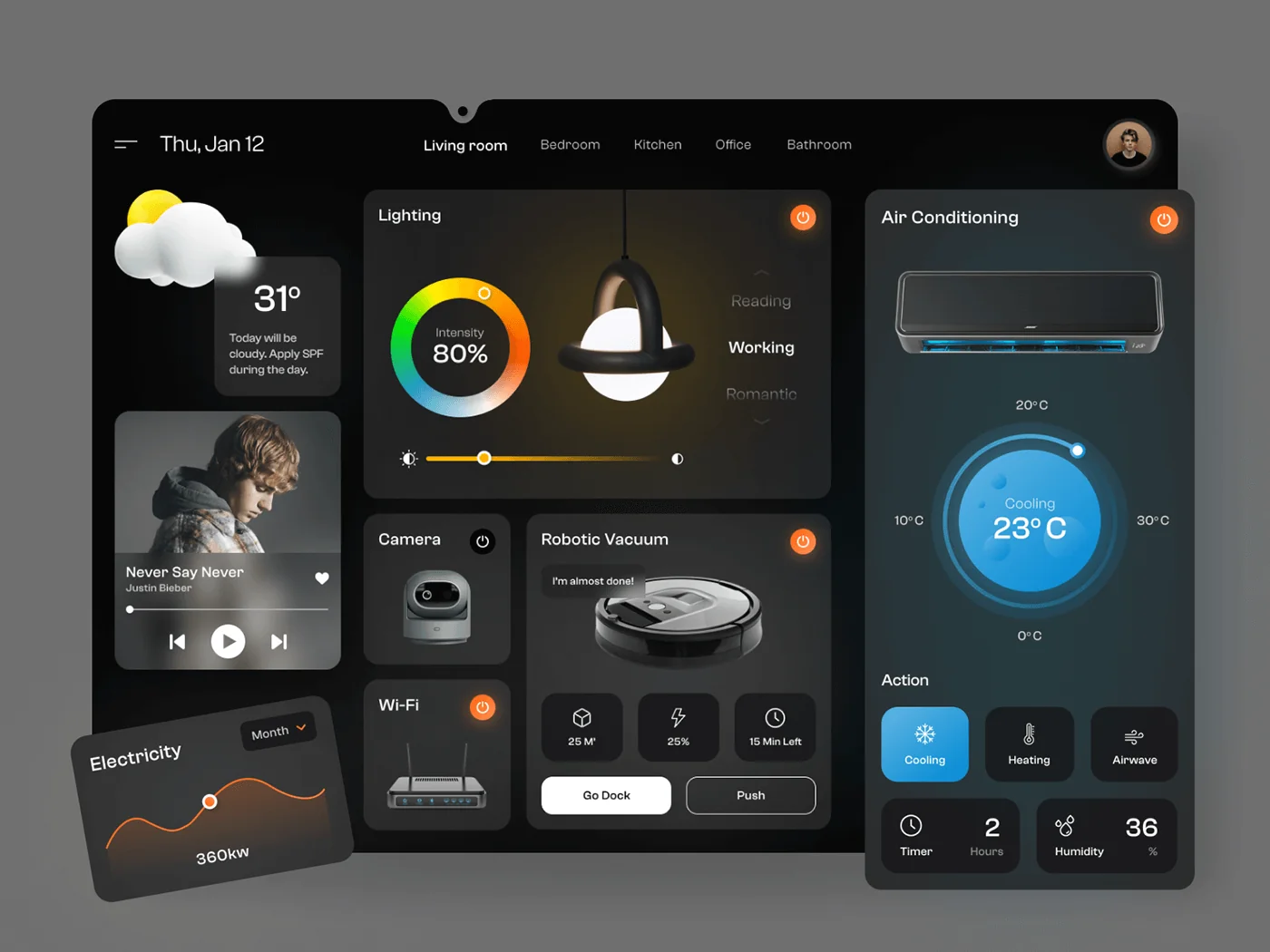 Connect Home dark-theme control panel with lighting brightness and climate adjustment
