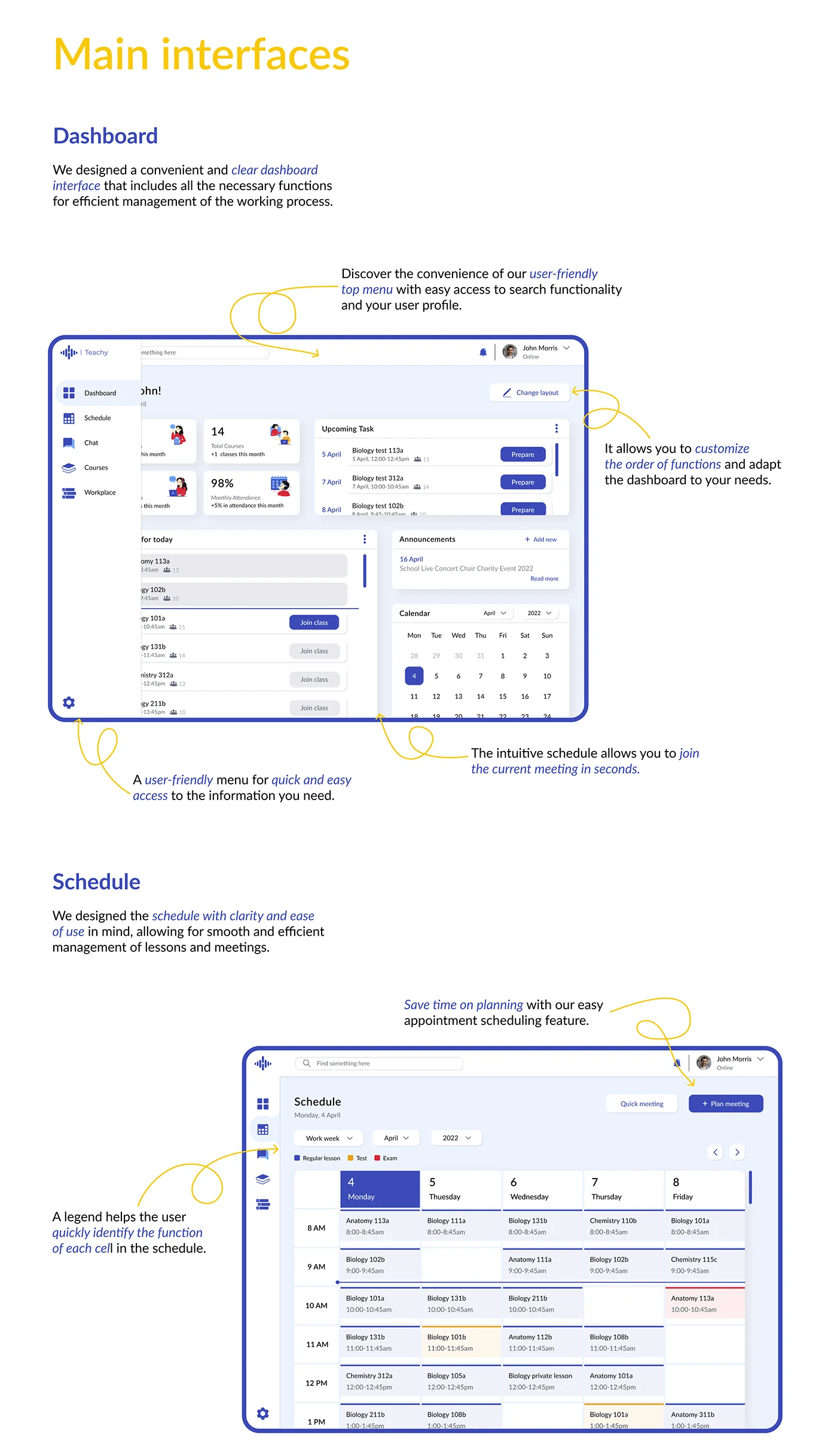 Teachy main interfaces — administrator dashboard and schedule management