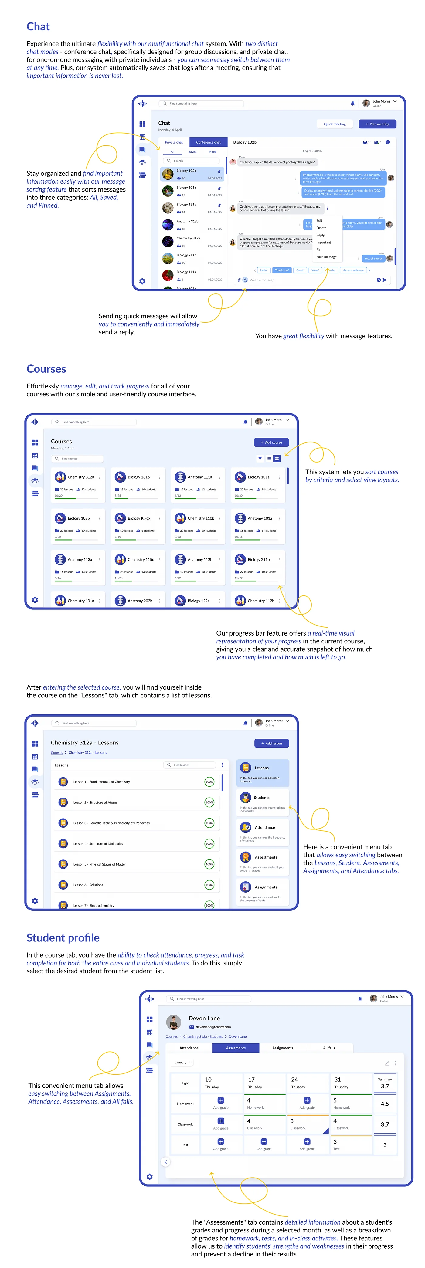 Teachy chat, courses and student profile interfaces
