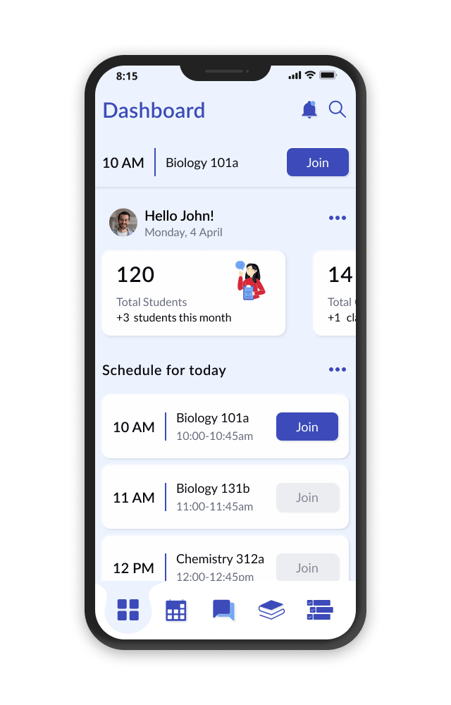 Teachy mobile schedule screen with calendar and lesson times