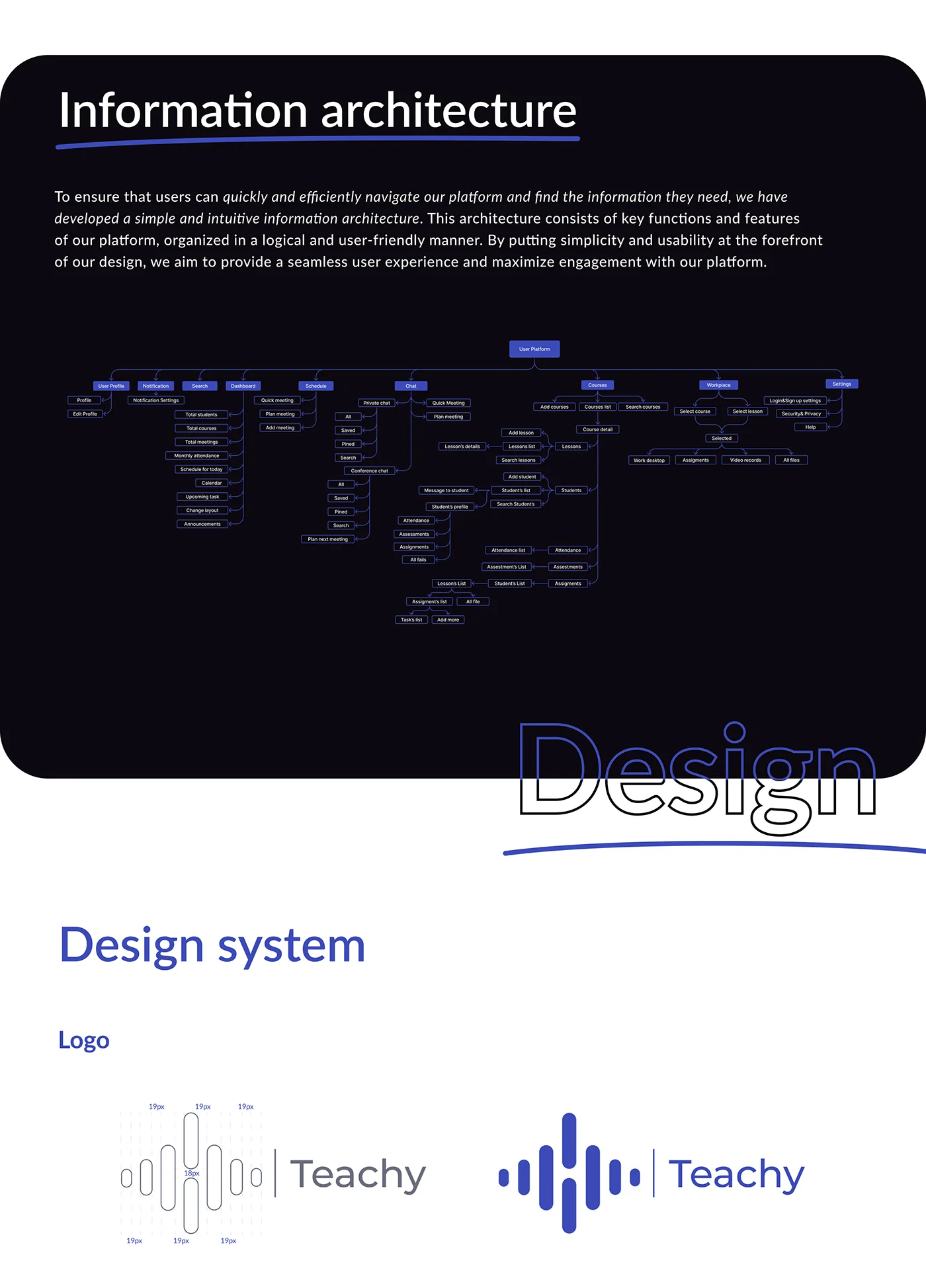 Teachy information architecture diagram and design system logo variations