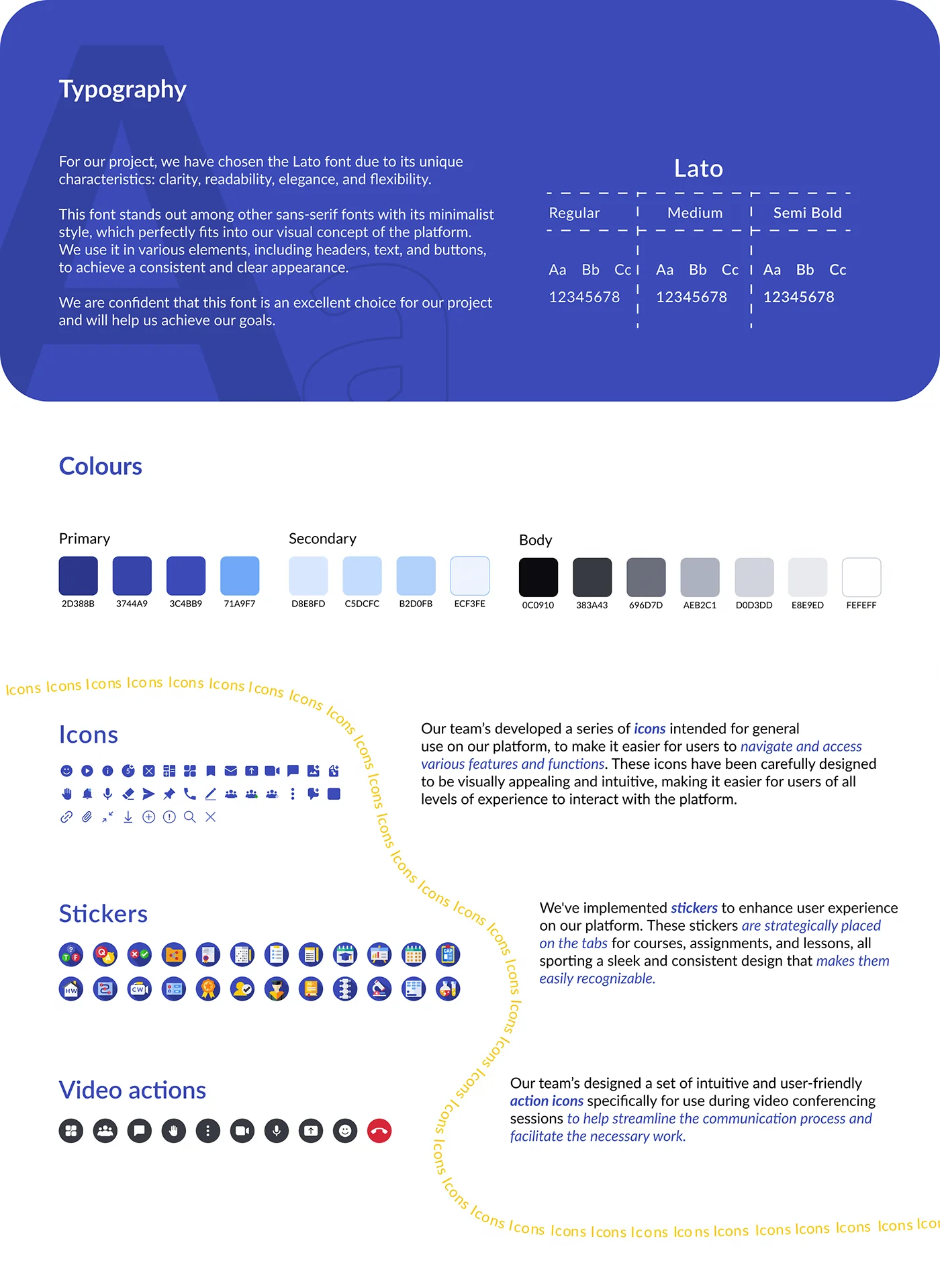 Teachy design system reference covering typography, colours, icons and stickers