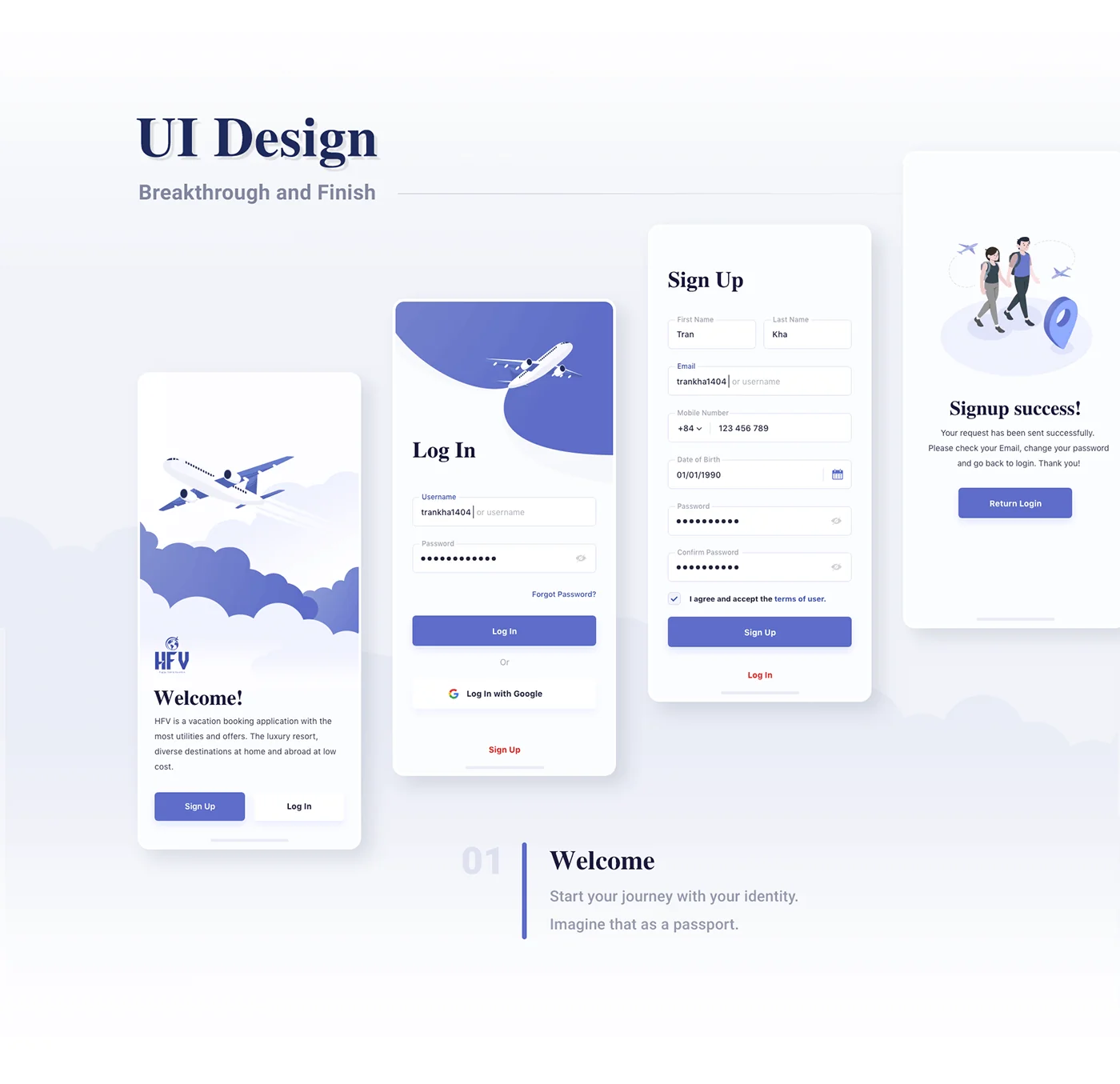 HFV travel app UI design — log in, sign up and welcome onboarding screens