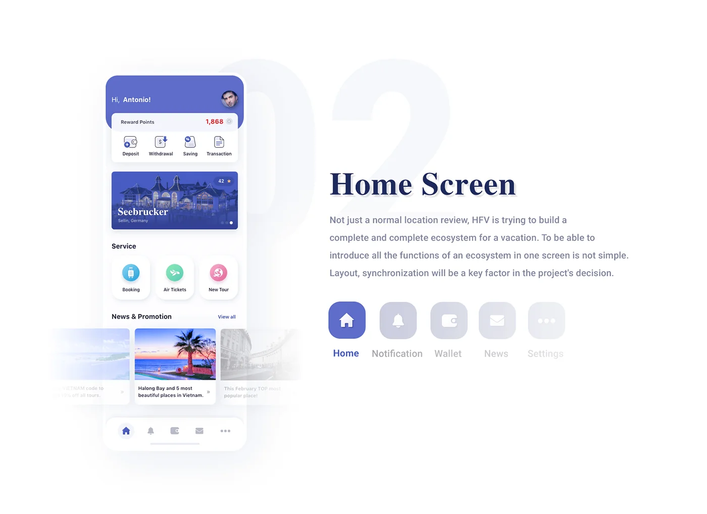 HFV travel app home screen presenting the full service ecosystem in one view