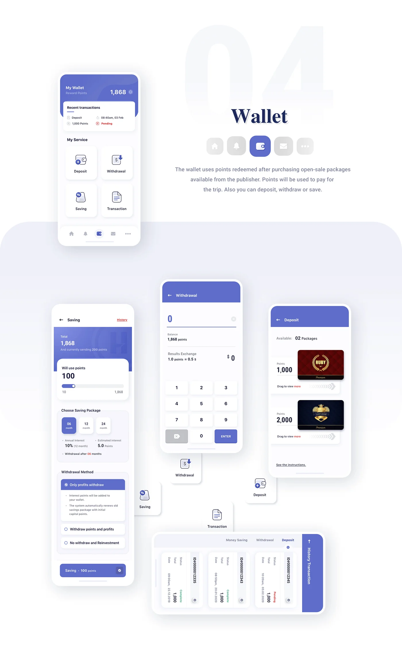 HFV travel app wallet screens for deposit, withdrawal, saving and transactions