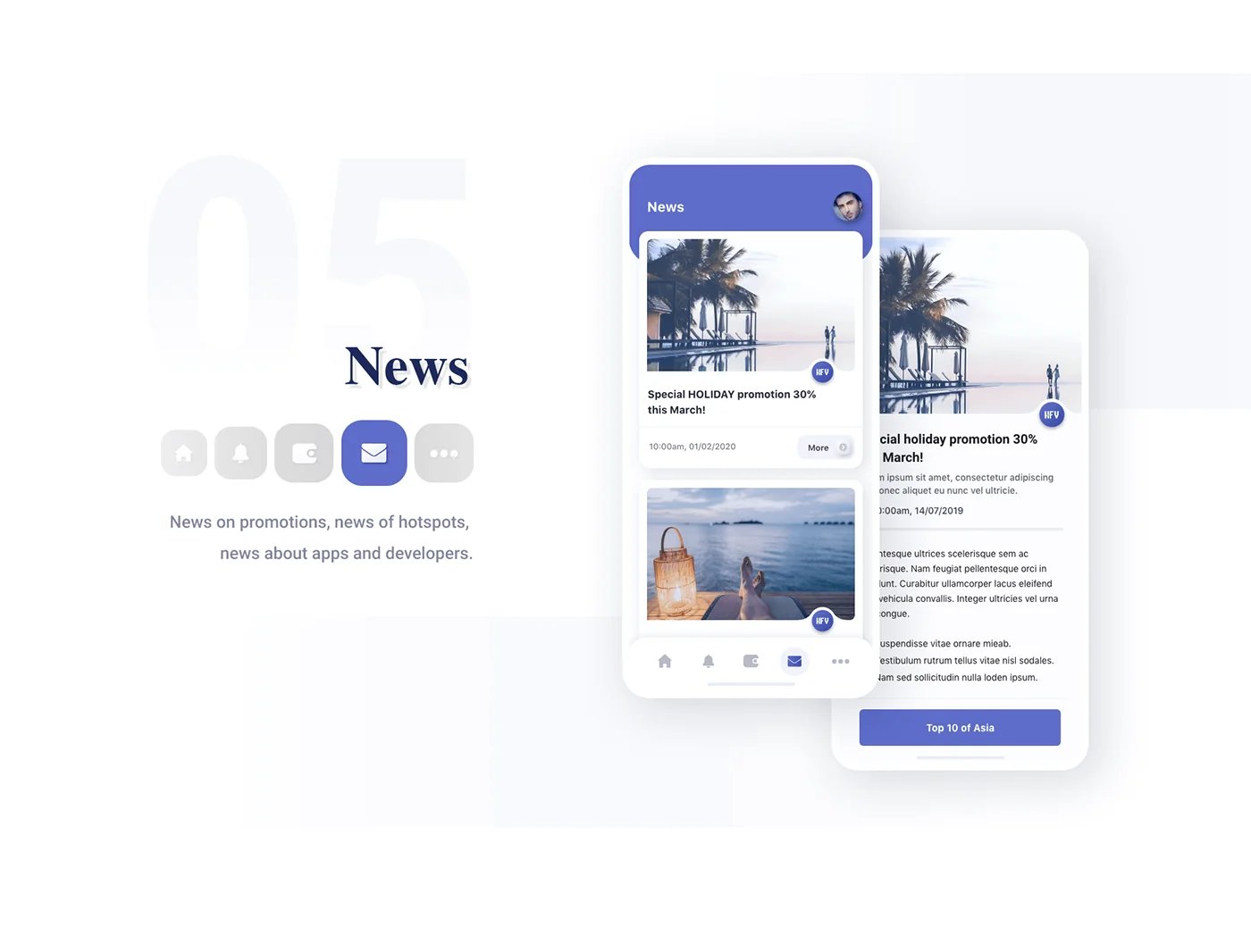HFV travel app news screen showing promotions and holiday packages
