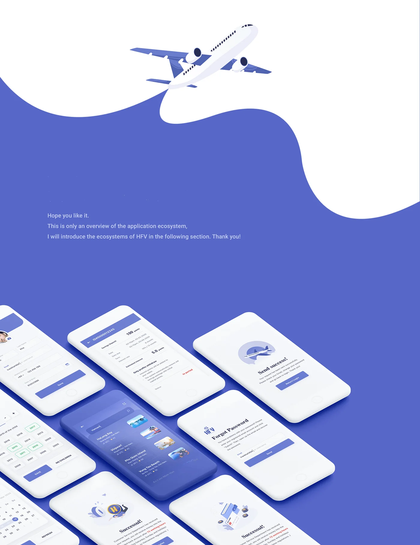 HFV travel ecosystem closing slide with app screens arranged in an isometric layout