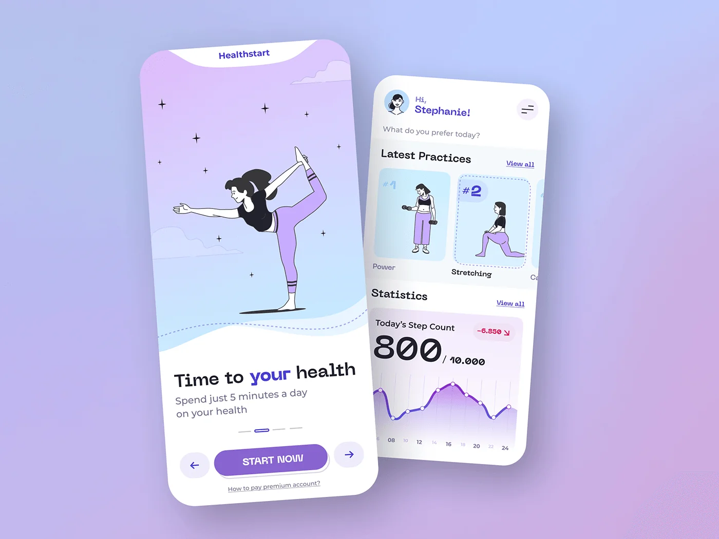 Workout Book onboarding and statistics screens showing daily step count and activity chart