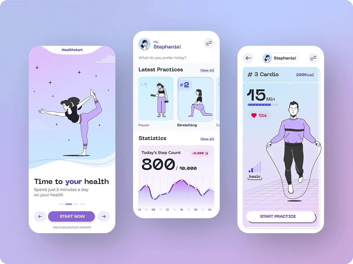 Workout Book app screens for onboarding, practice library and a 15-minute cardio session
