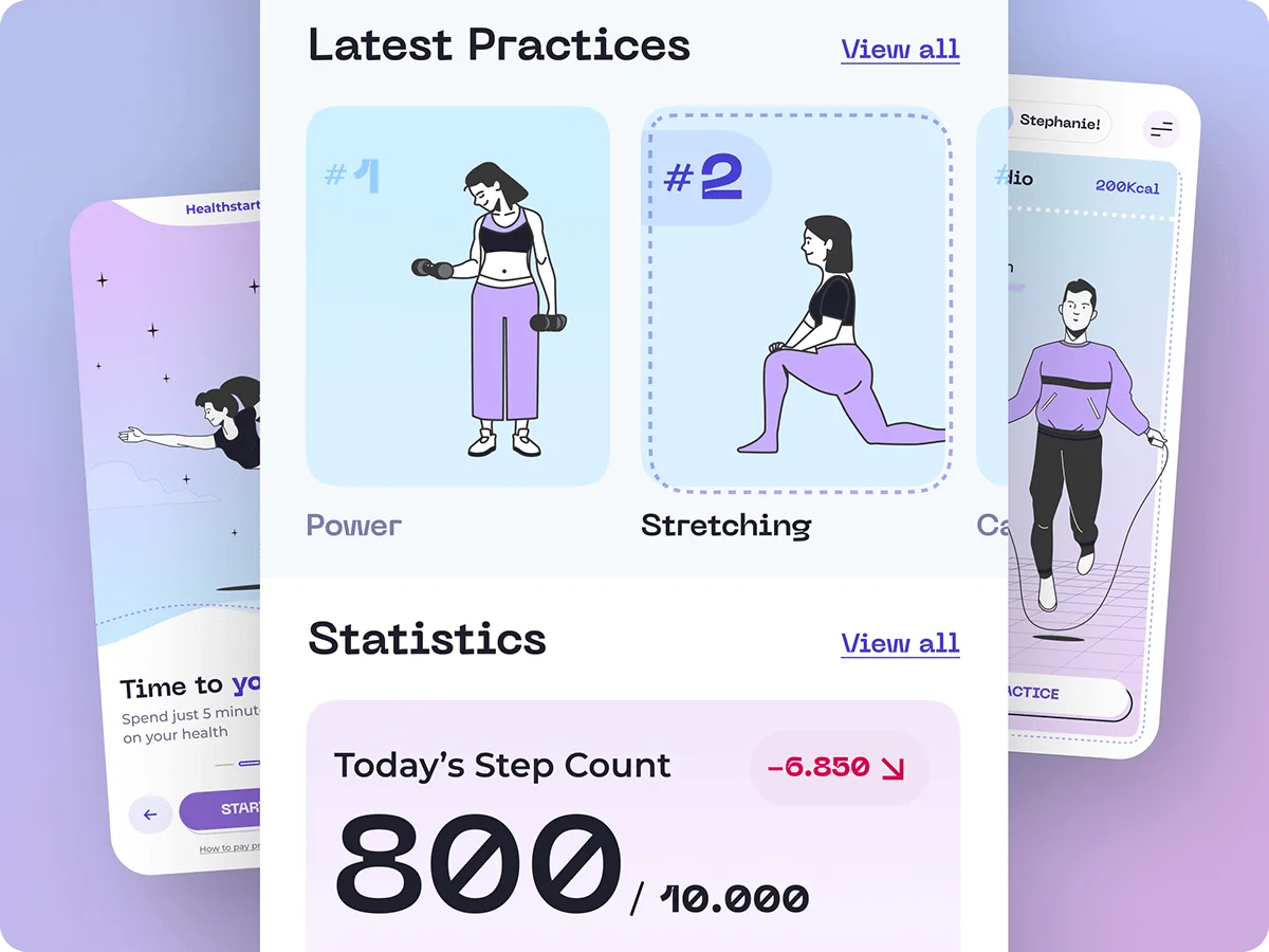 Workout Book statistics panel with today's step count against a 10,000 step goal